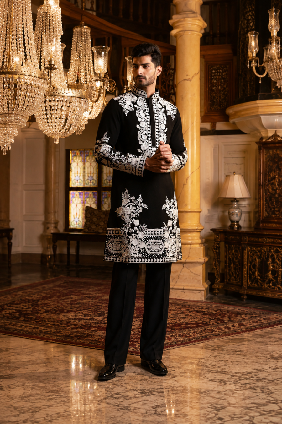 Men’s Black Meghna Fabric Kurta with Fine White Resham Floral Handwork