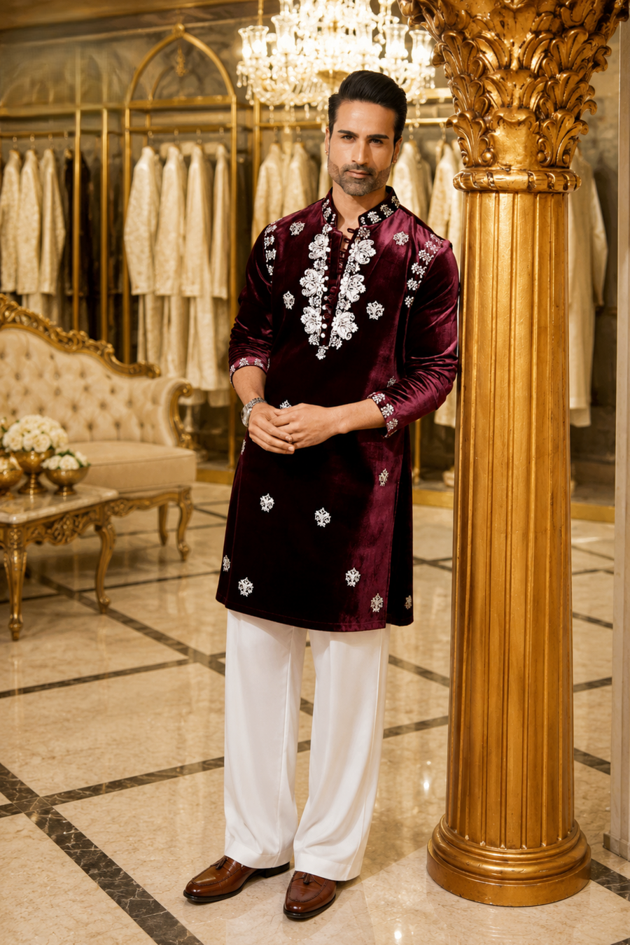 Maroon Designer Kurta Set with Resham Embroidered