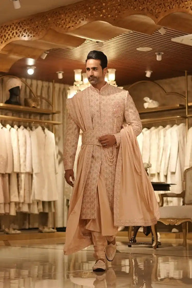 Peach Gulbarga Sherwani with 3D Motif & Pearl Detailing