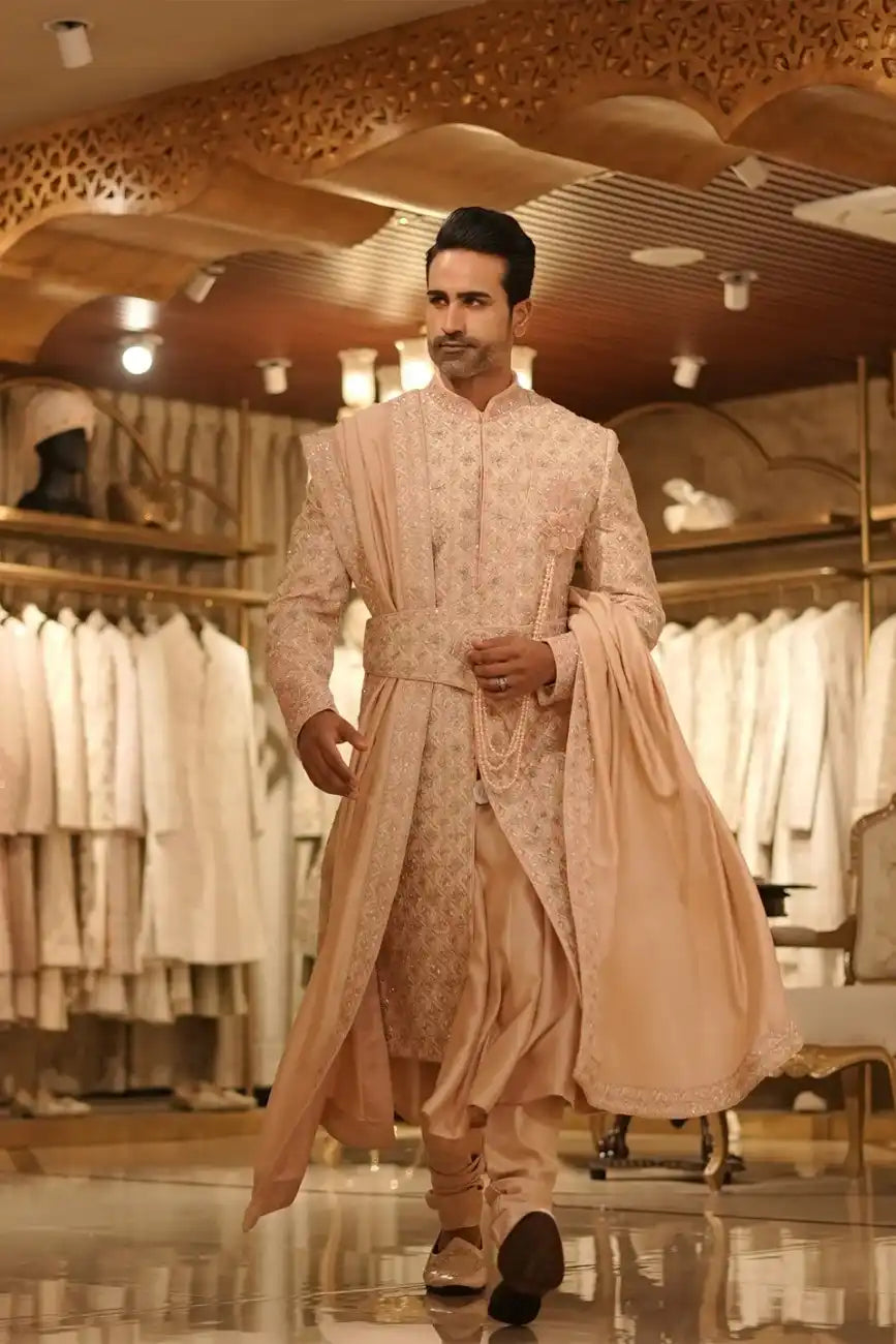 Peach Gulbarga Sherwani with 3D Motif & Pearl Detailing