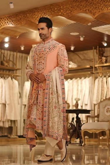 Peach Silk Rang Ras Sherwani with Royal Multicolour Detailing - Bharat Reshma