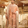 Peach Silk Rang Ras Sherwani with Royal Multicolour Detailing - Bharat Reshma