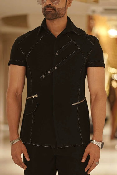 Men's Black Thread Work Co-Ord Set