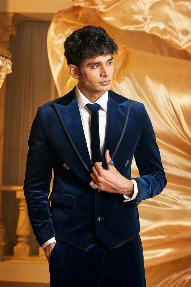 Teal Blue Velvet Tuxedo with Satin Lapel