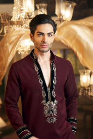 Mahroon Velvet Patch Kurta - Bharat Reshma