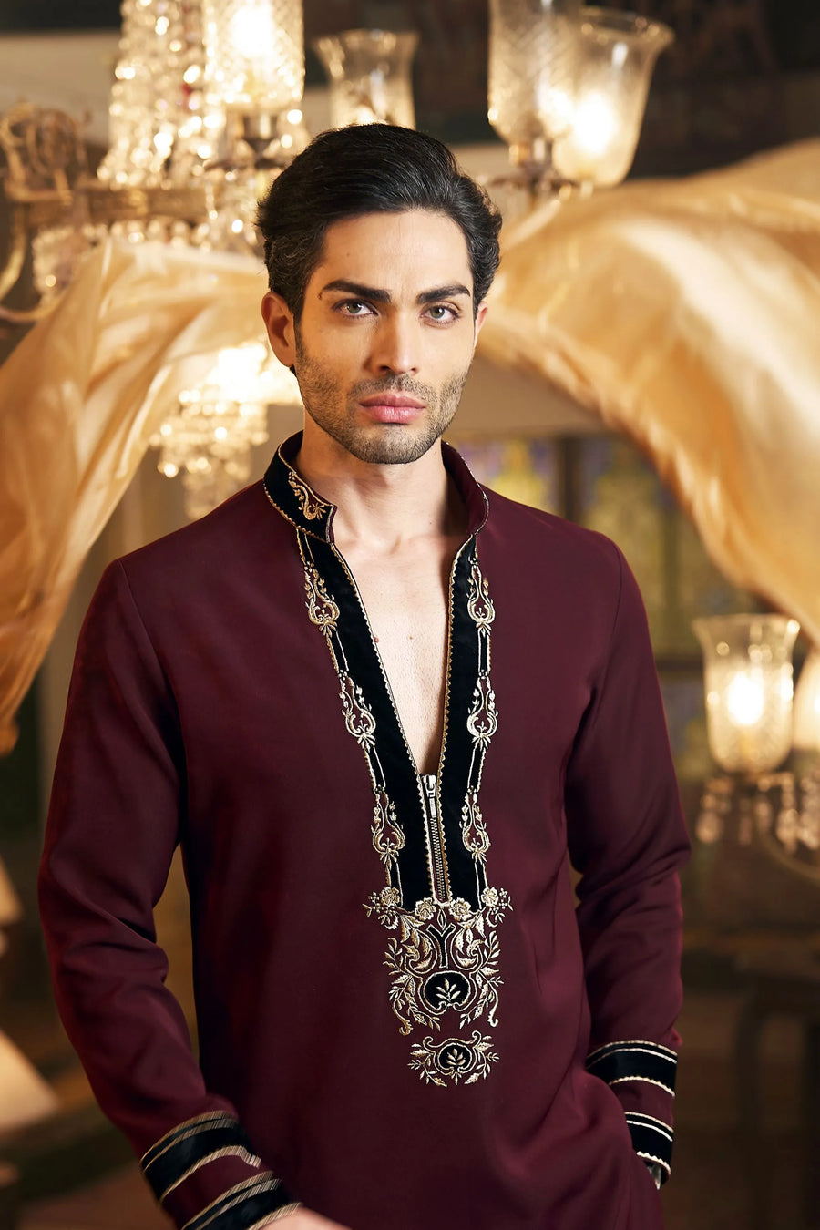 Mahroon Velvet Patch Kurta