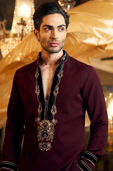Mahroon Velvet Patch Kurta - Bharat Reshma