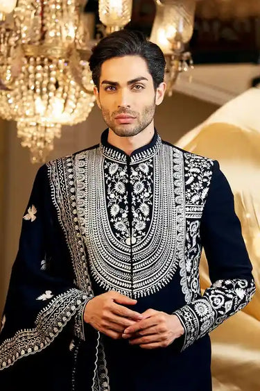 Blue Indo-western Set with Italian Fabric & Mala Style Embroidery