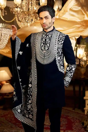 Blue Indo-western Set with Italian Fabric & Mala Style Embroidery