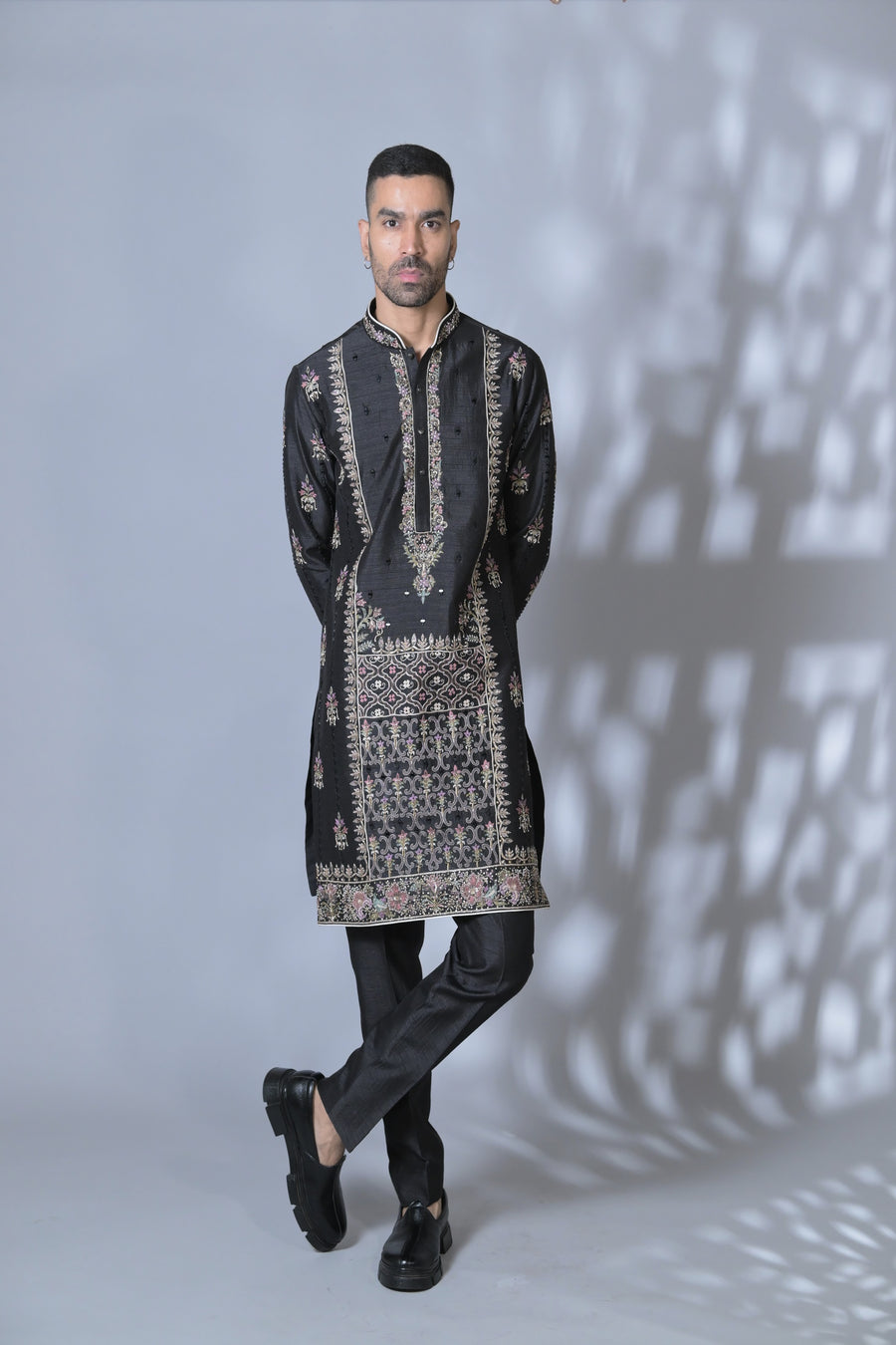 Designer Black Flower Pattern Kurta Pant Set