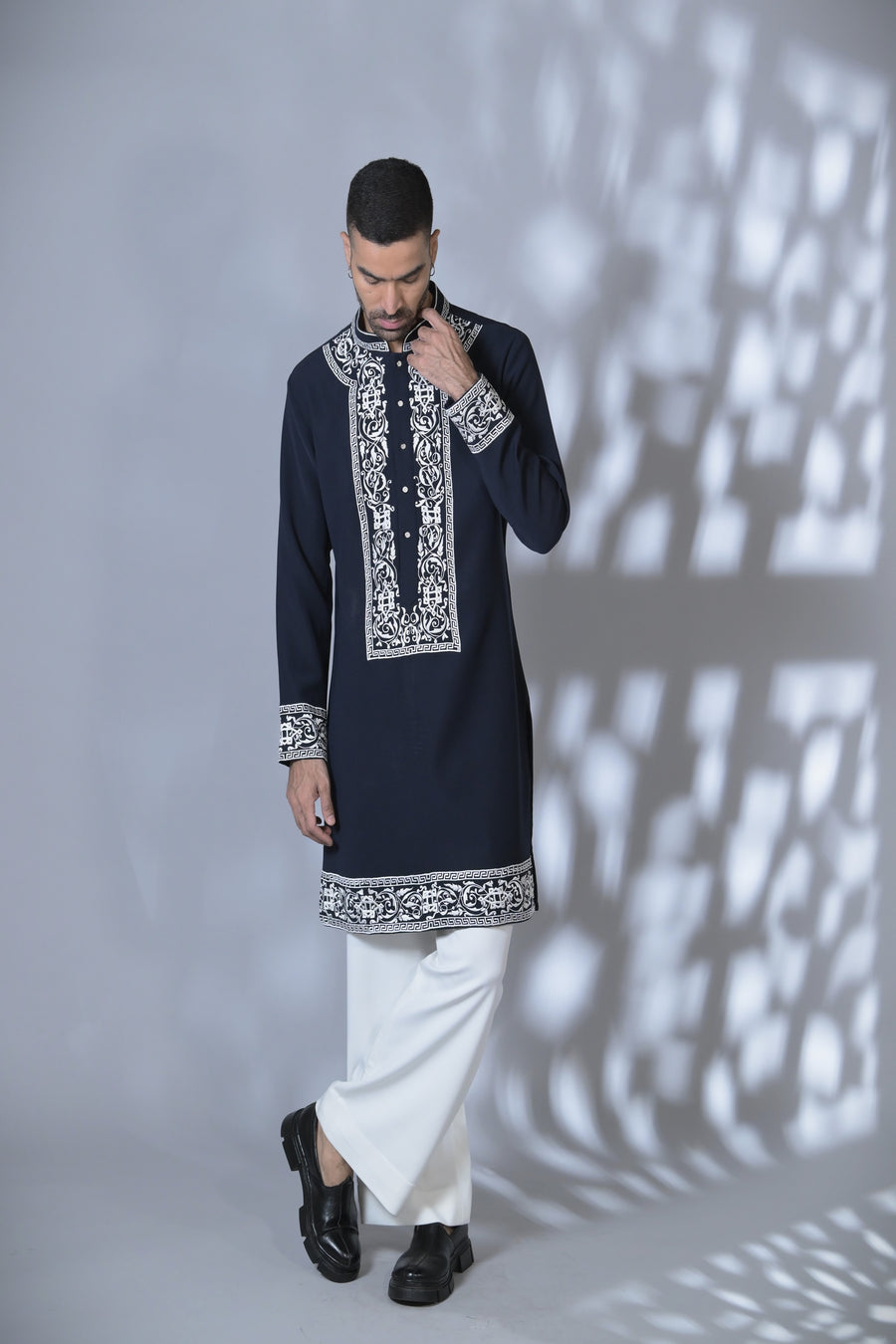 Lucknawi Style Classic Embroided Navy Kurta
