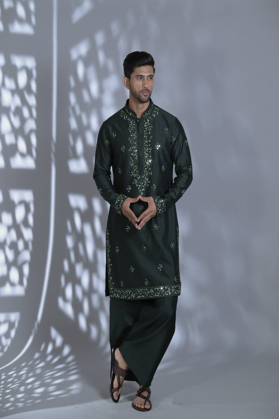 Designer Dark Bottle Green Embroidered Mirror Work Kurta Set