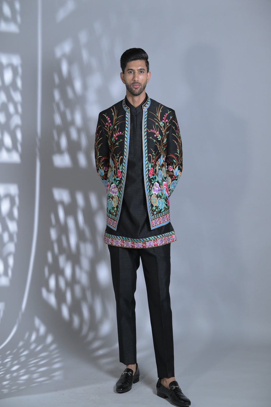 Designer Black Embroidered Kurta jacket set