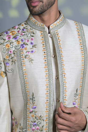 White Mirror Work Embroided Jacket with Kurta Set