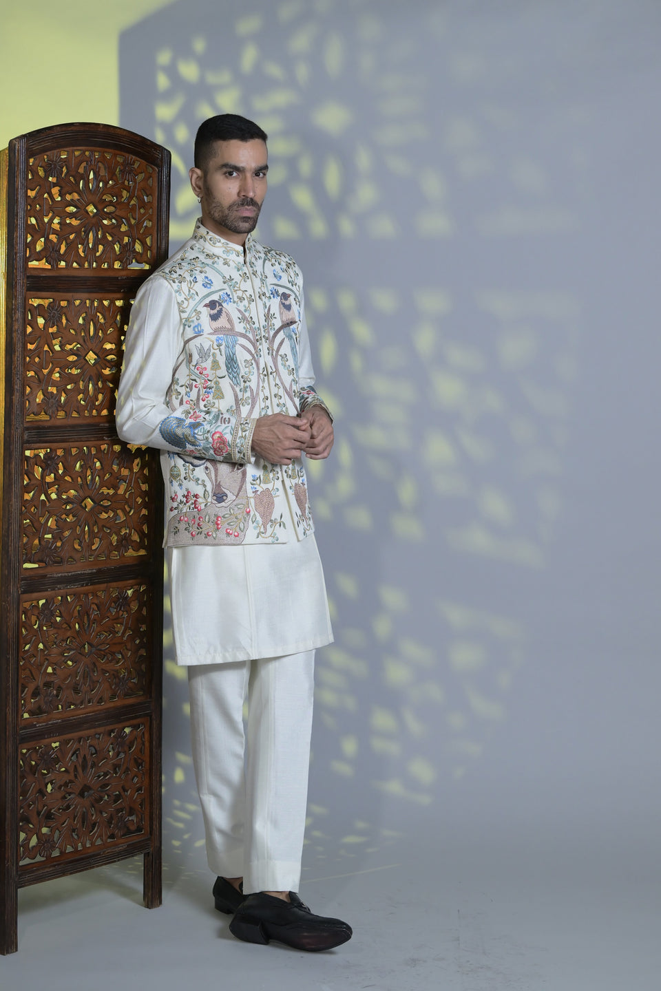 Designer White Embroided kurta with embroided waist coat