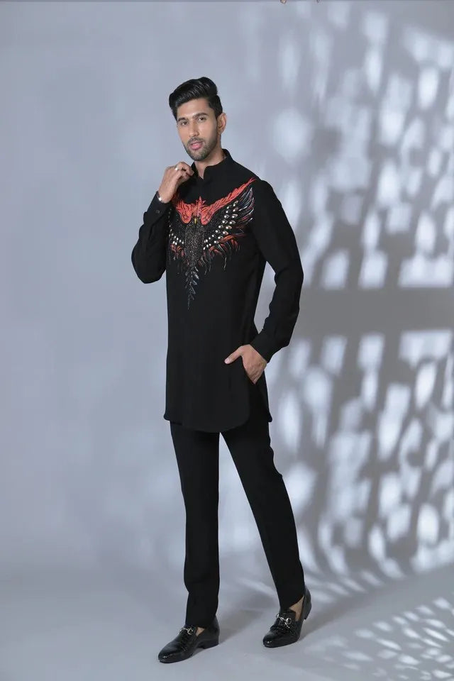 Designer Black Hand Embroidered Eagle Shirt