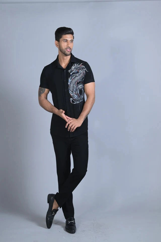 Black Hand Embroidered Cut Dana Work Dragon Shirt