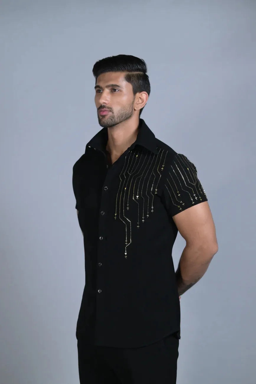 Designer Black Shirt with Studs Work on Shoulder