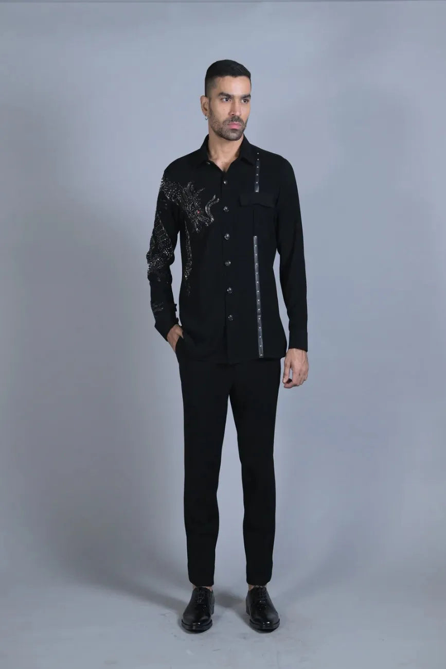 Black Japanese Embellished Dragon Motif Shirt
