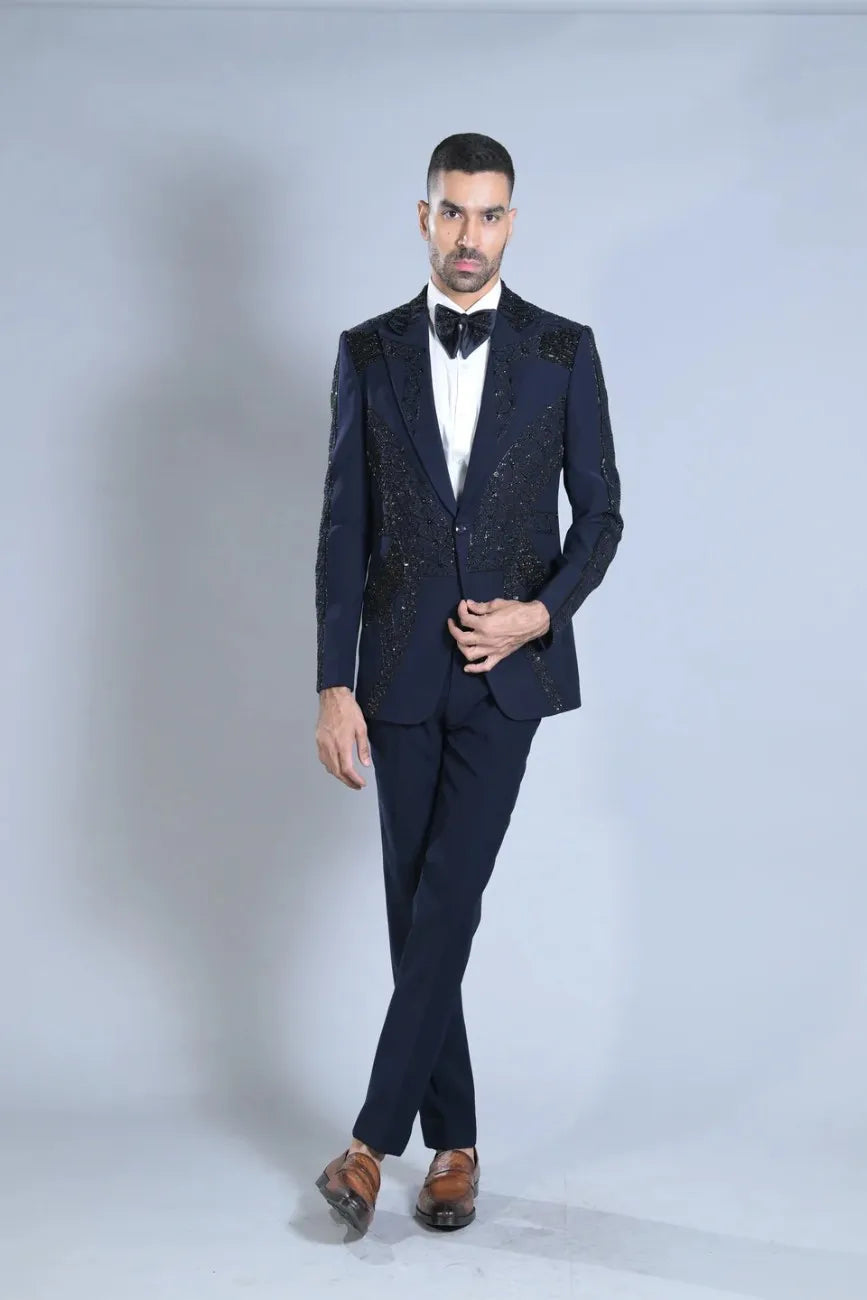 Blue Embroidered Cutdana Thread Work Blazer And Pant Set