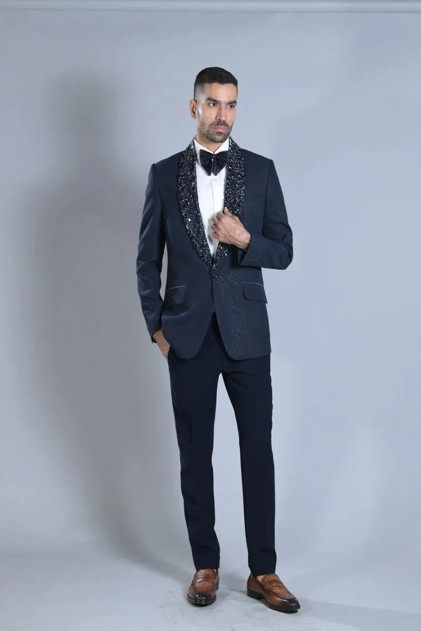 Black Embroidery Bead Collar Tuxedo Set