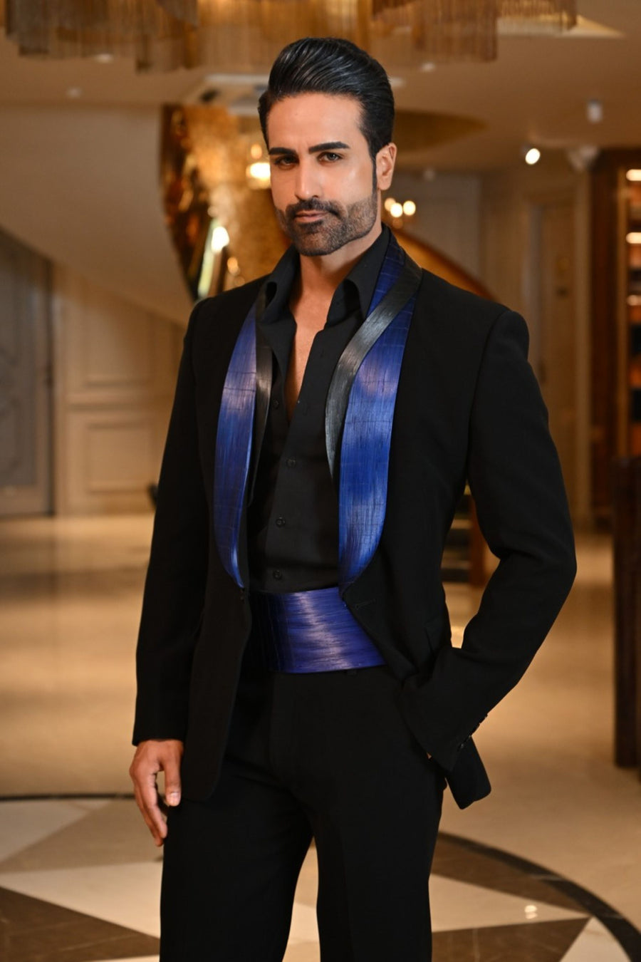 Black electric blue metallic lapel Tux