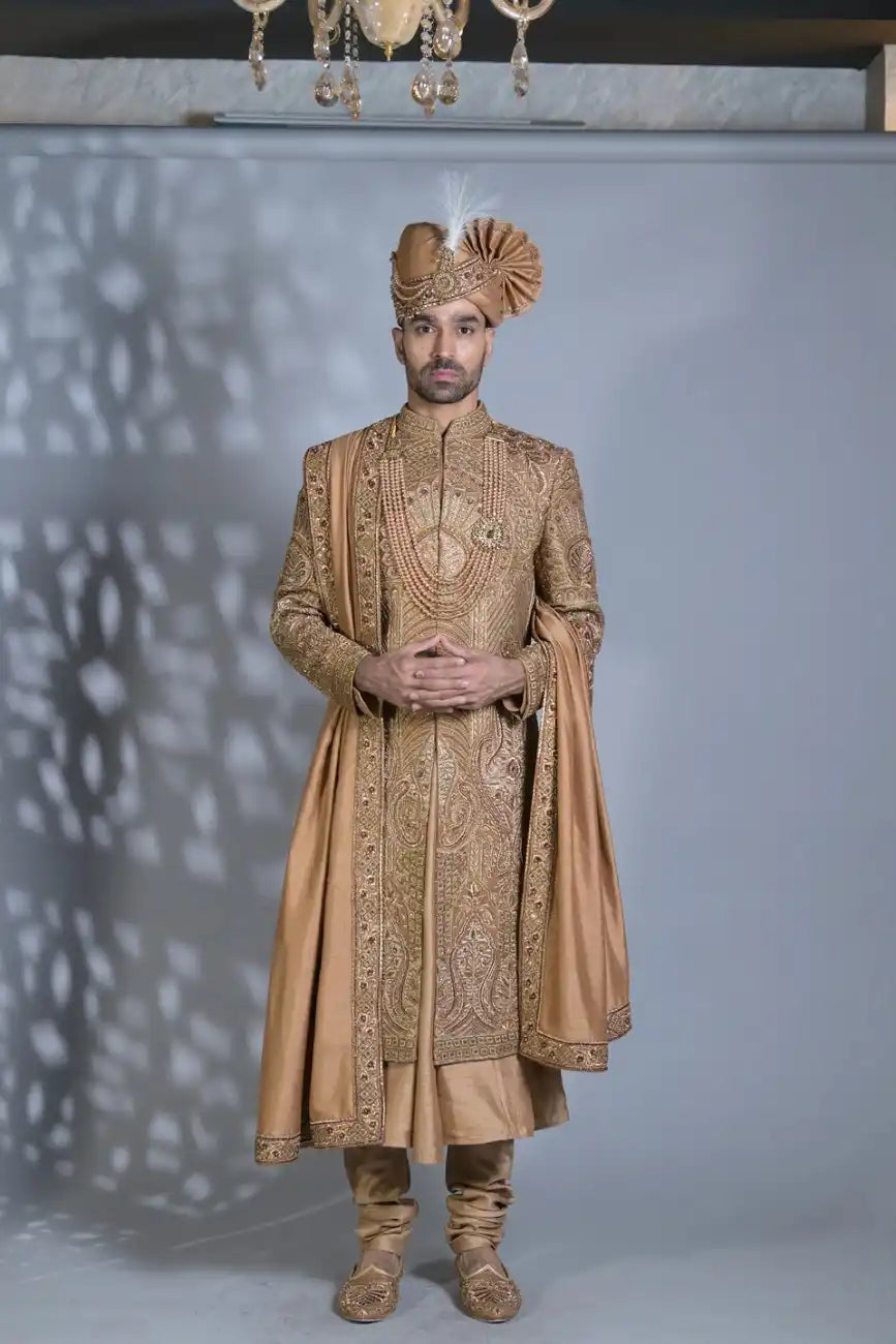 Dark Beige High Collar Silk Sherwani Set