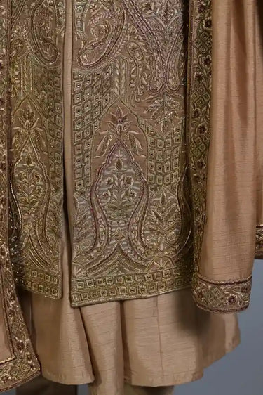 Dark Beige High Collar Silk Sherwani Set