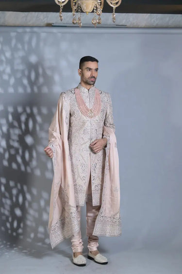 Designer Leather applique work sherwani set