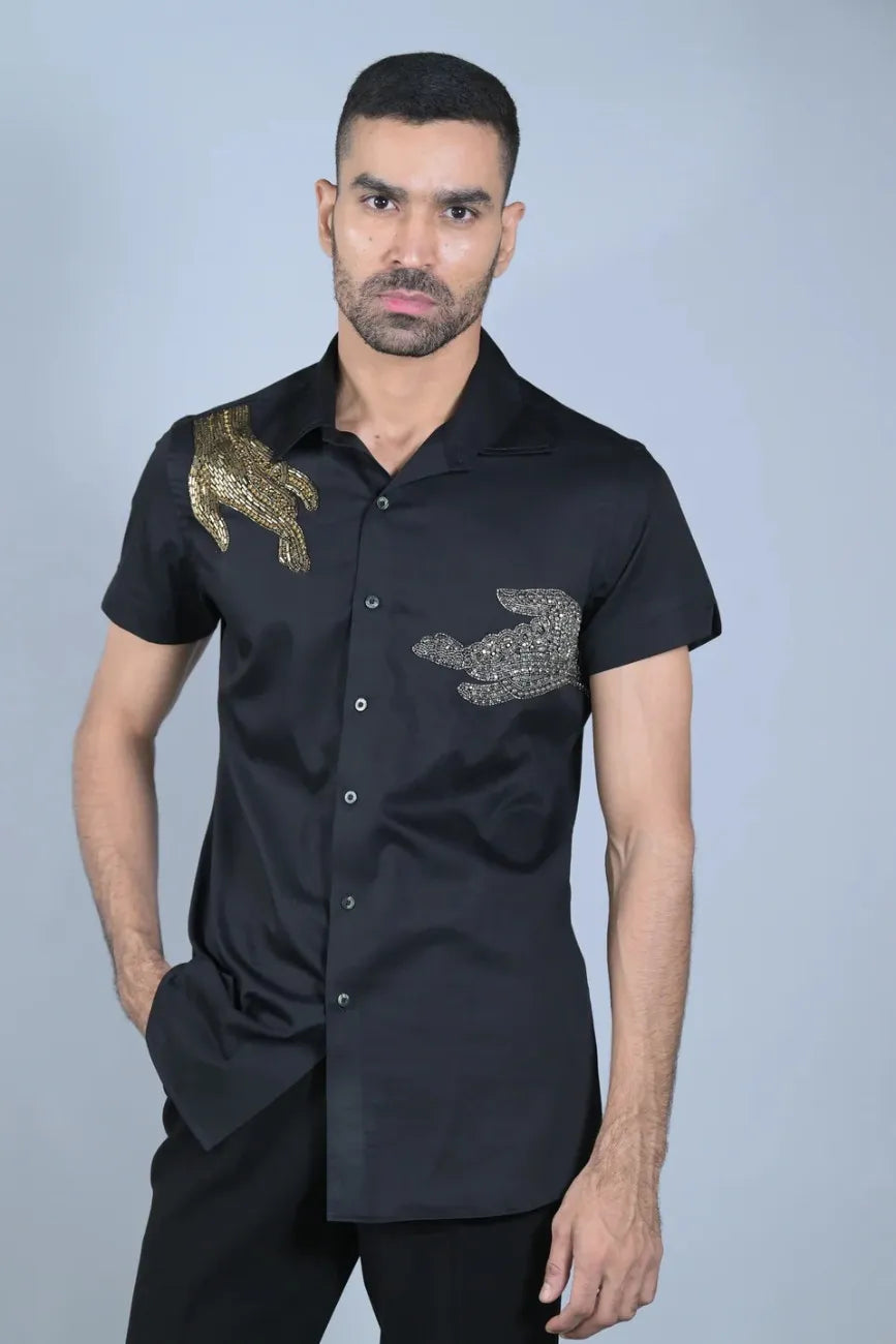 Hand Pattern Embellishment Black Shirt