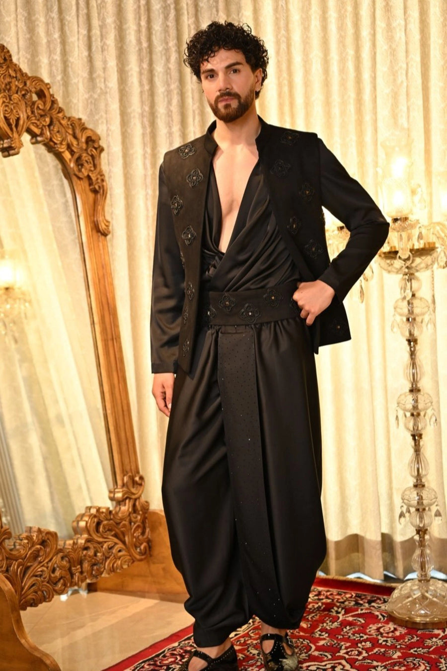 Black Draped Dhoti Bundi Set
