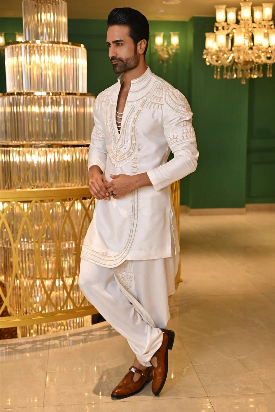 Ivory Sculptural Embroidered Kurta Dhoti
