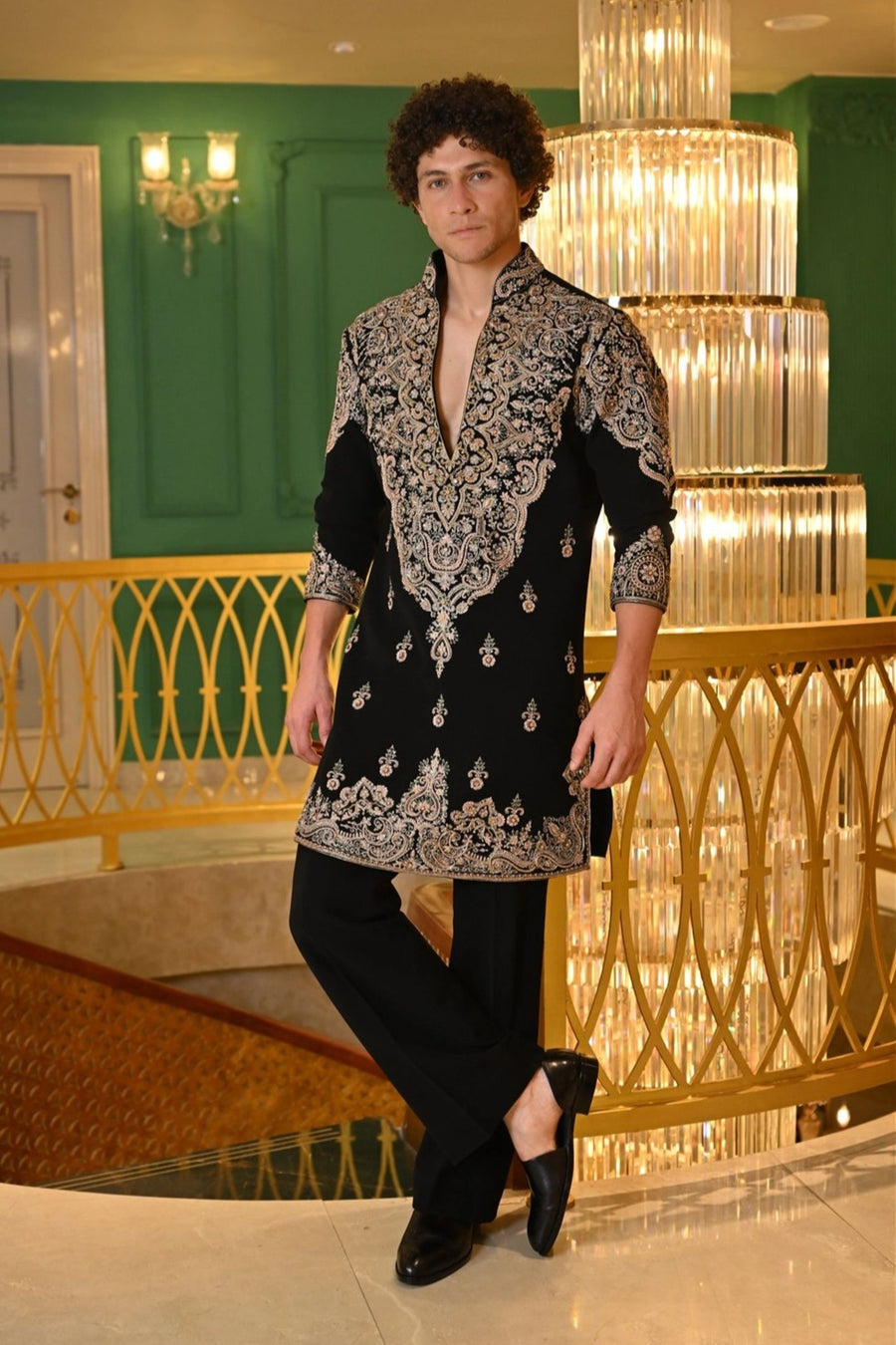 Black Italian Silk Butti Kurta