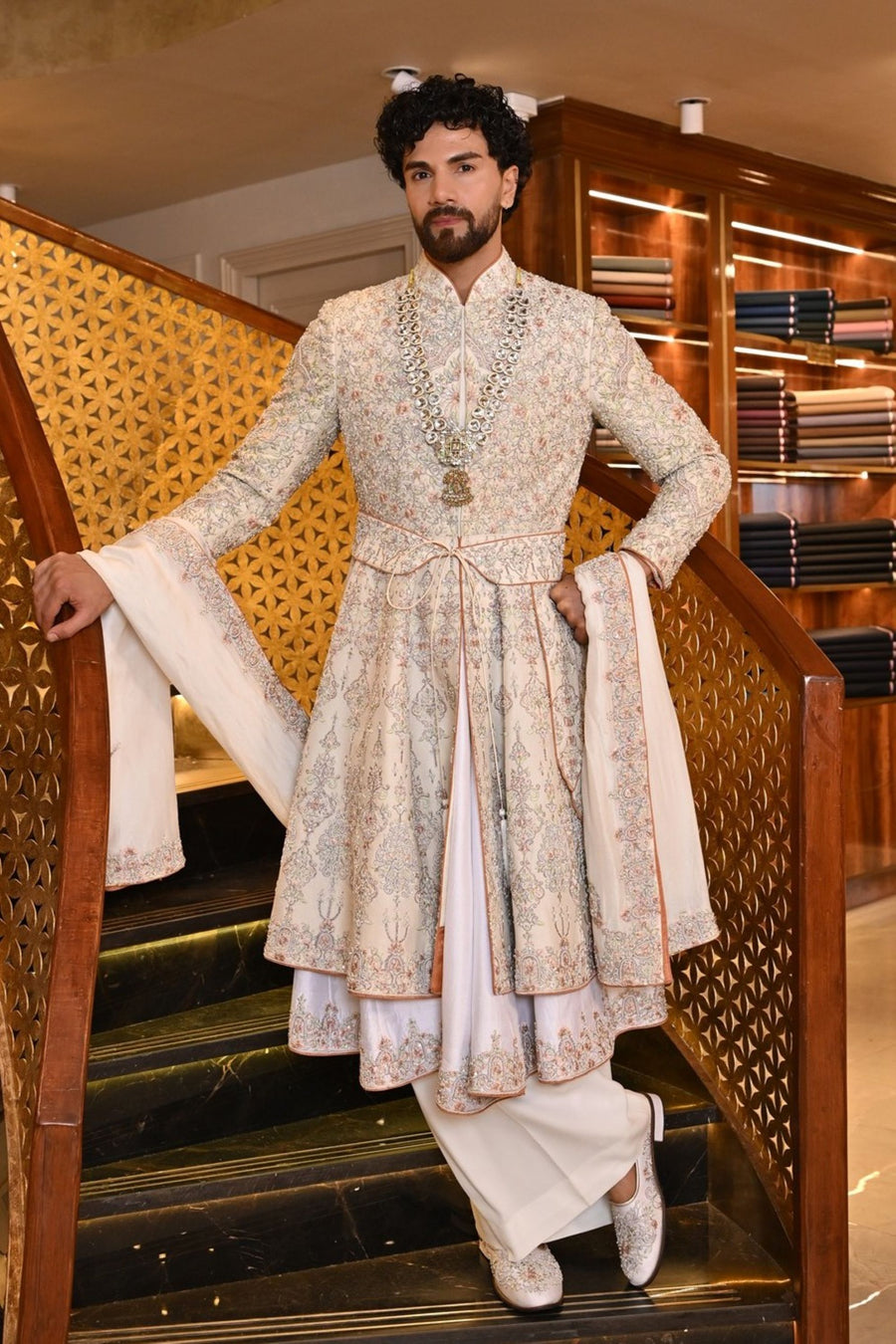 Mughal Heritage Anarkali Sherwani, kurta, pants, belt, stole