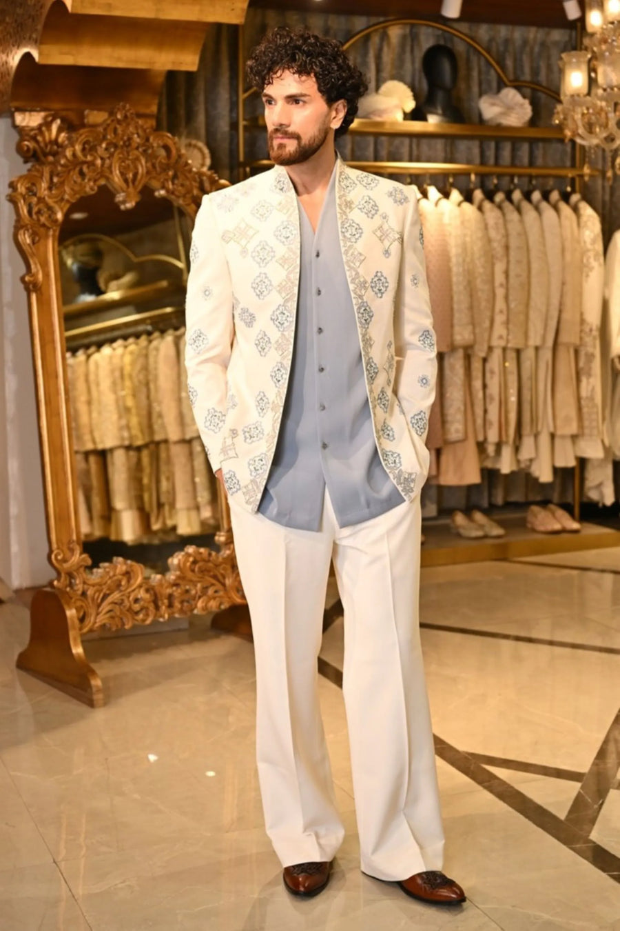 Off White Blue Butta Bandhgala, shirt kurta, trousers