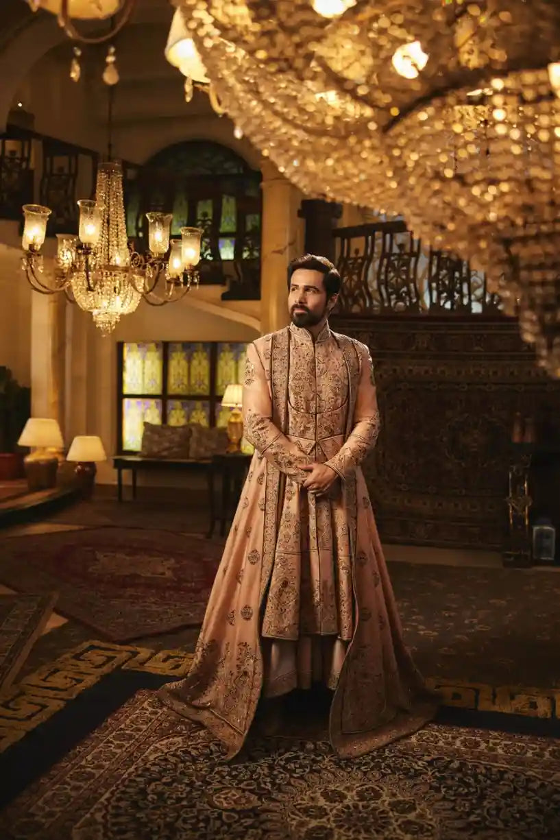 Regal Peach Anarkali Sherwani—royally carried by Emraan Hashmi