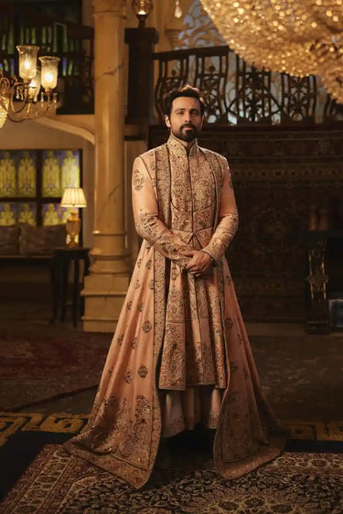 Regal Peach Anarkali Sherwani—royally carried by Emraan Hashmi