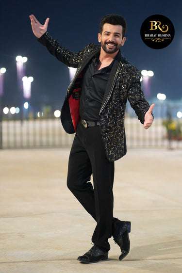Jay Bhanushali In Our Black Cutdana & mirror embellishments Tuxedo with Pant