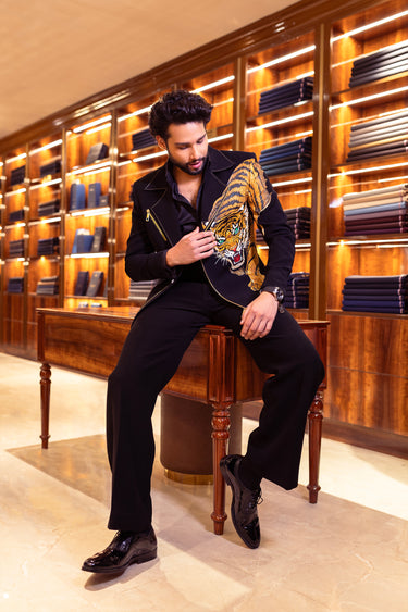 Siddhant Chaturvedi in Our Black Hand Painted with Studs, Pearls Work Lion Design Jacket
