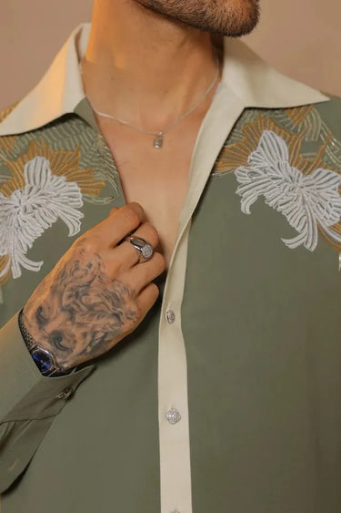 Green Thread and hand embroidered  shirt