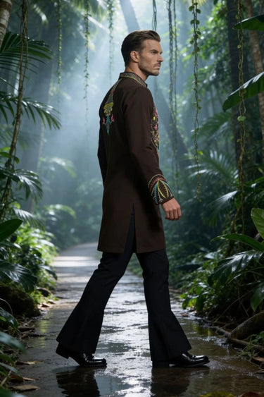 Brown Kurta Set with Multicolor Thread Work for Men - Bharat Reshma