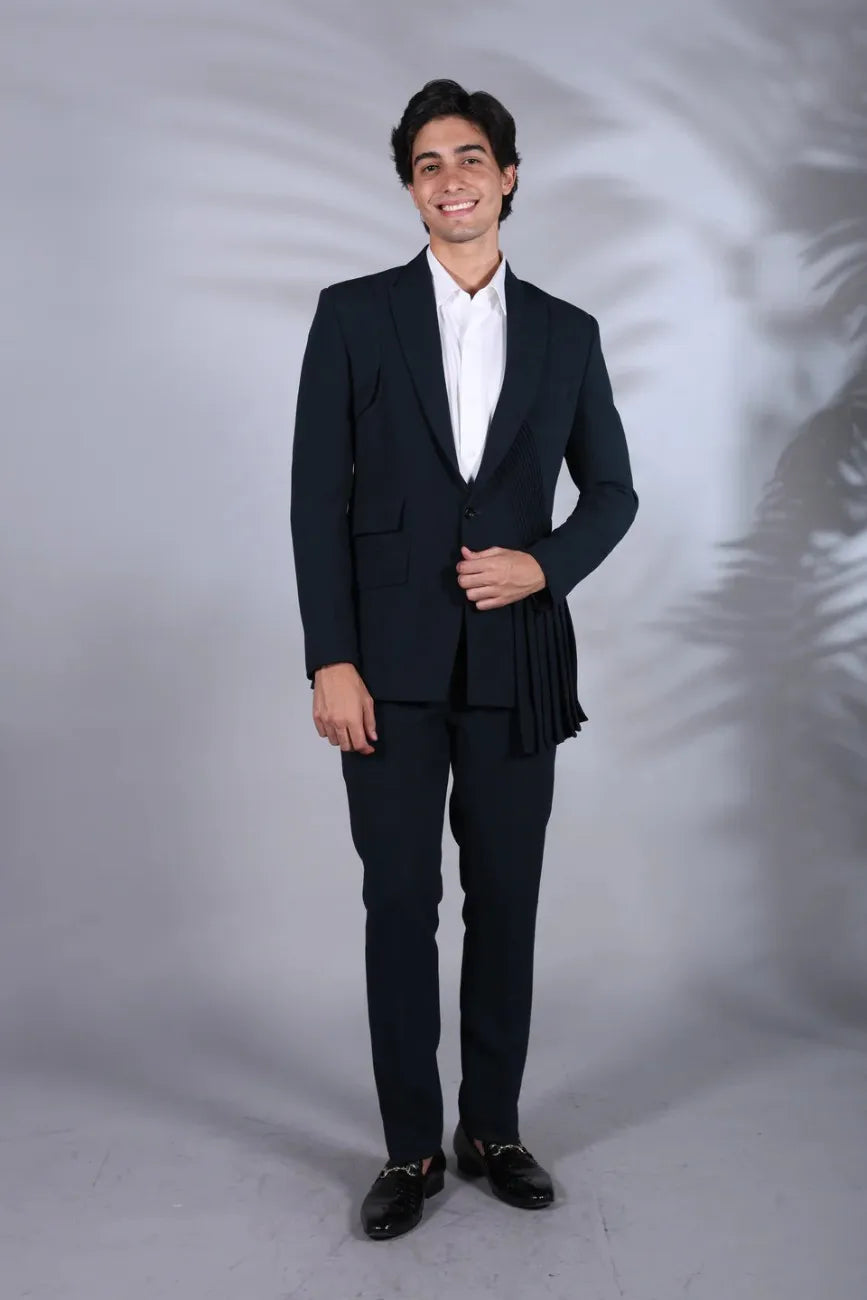 Designer Blue Side Pleated Drape Suit