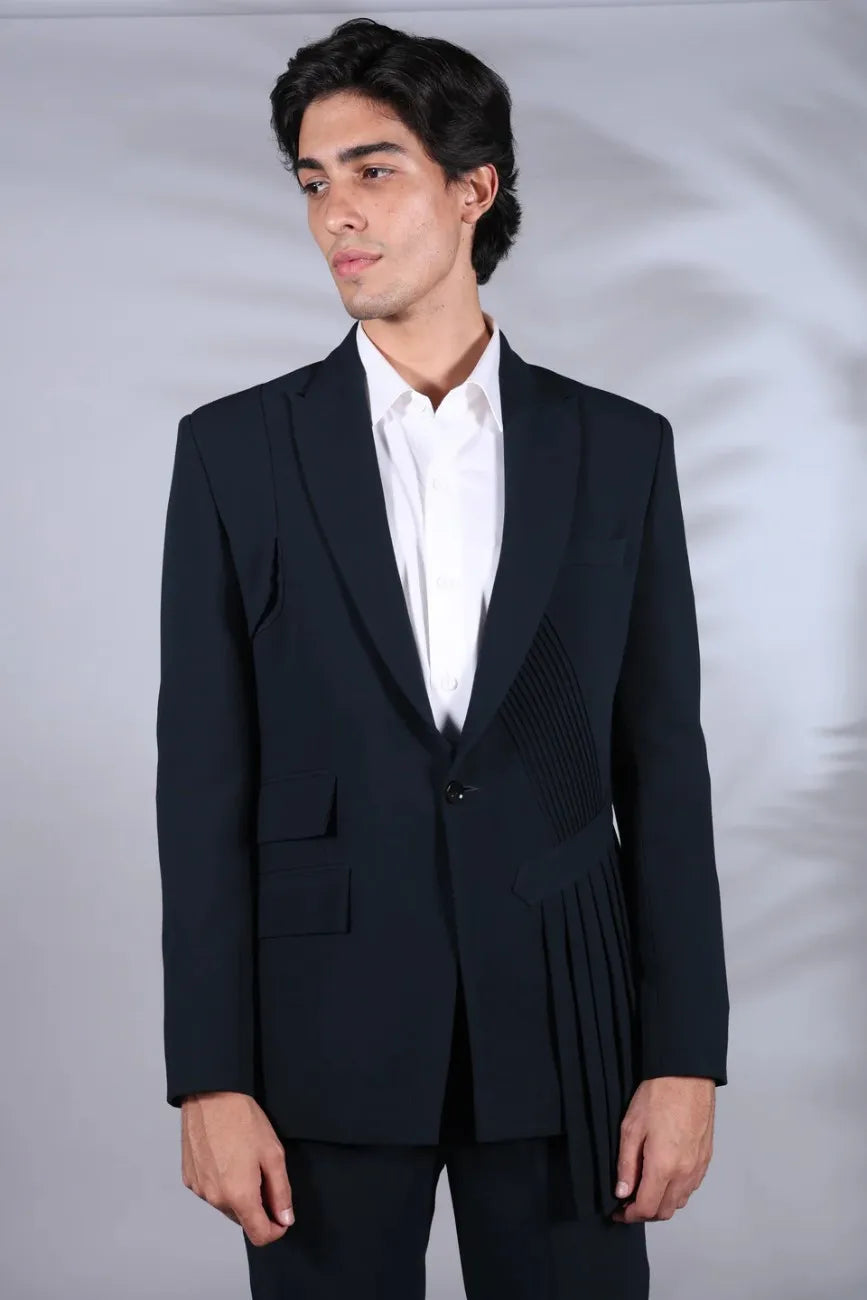 Designer Blue Side Pleated Drape Suit