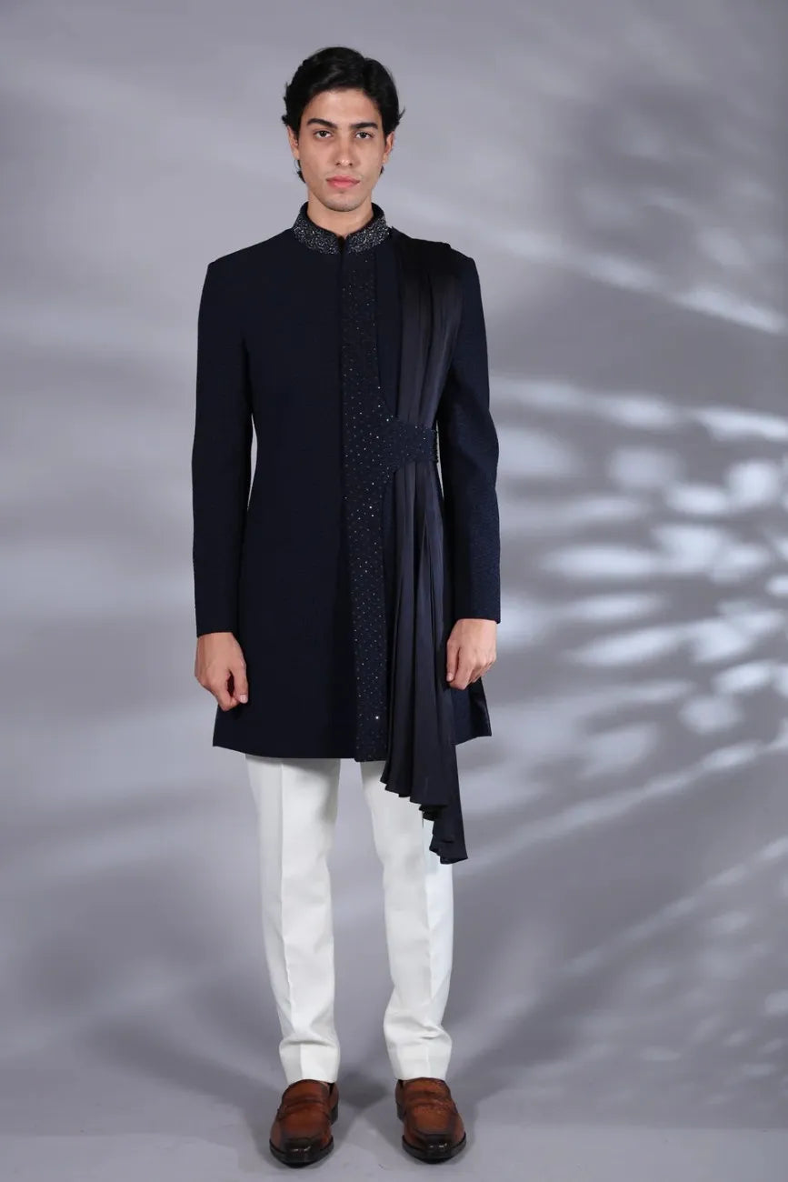 Designer Navy Blue Drape style indo-western