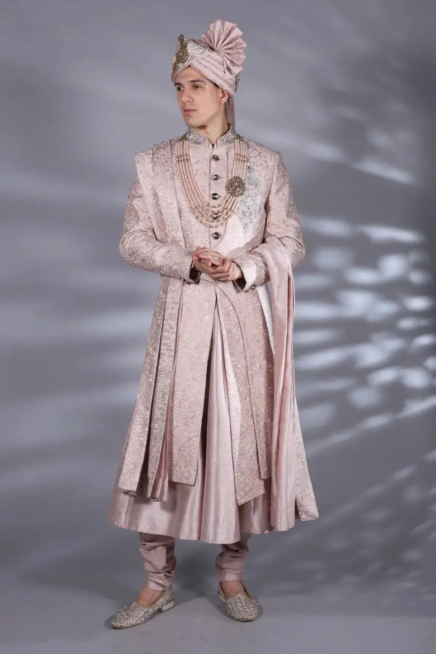 Designer Pink Sherwani Set with Anarkali Kurta