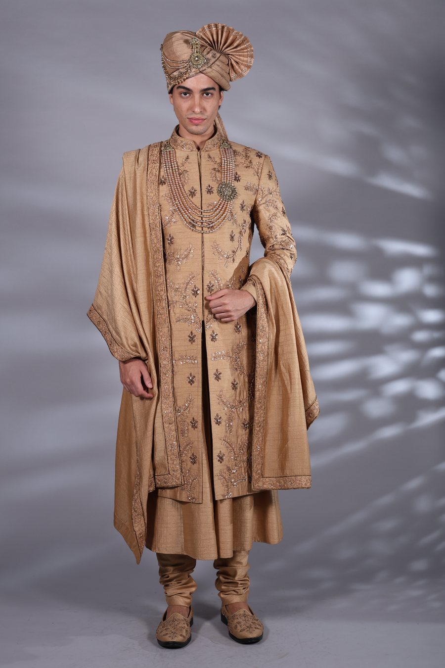 Designer Full Sleeve Golden Sherwani Set