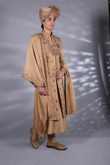 Designer Full Sleeve Golden Sherwani Set
