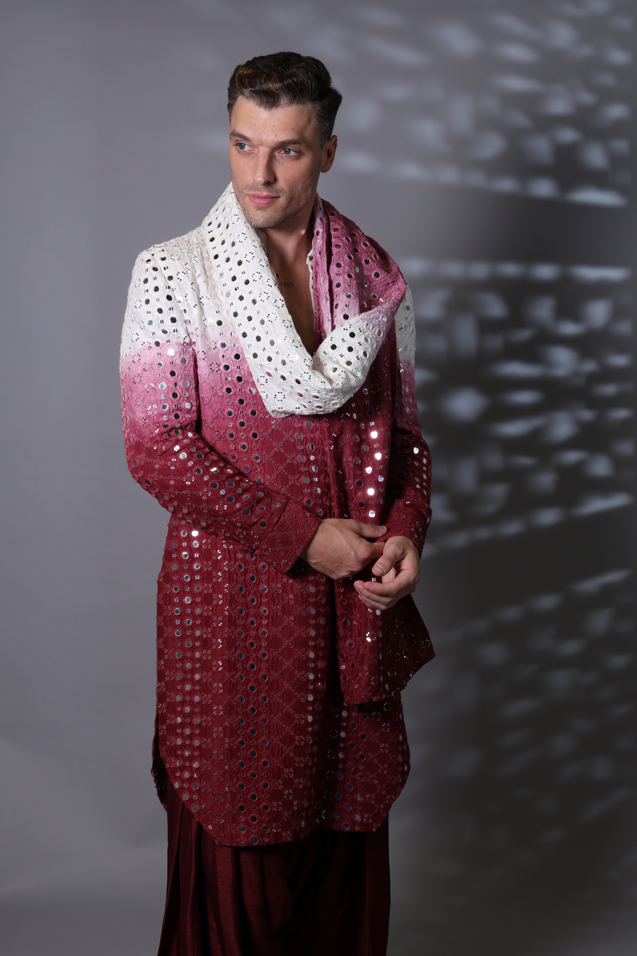 Maroon Mirror Work Designer Kurta Set with Stole