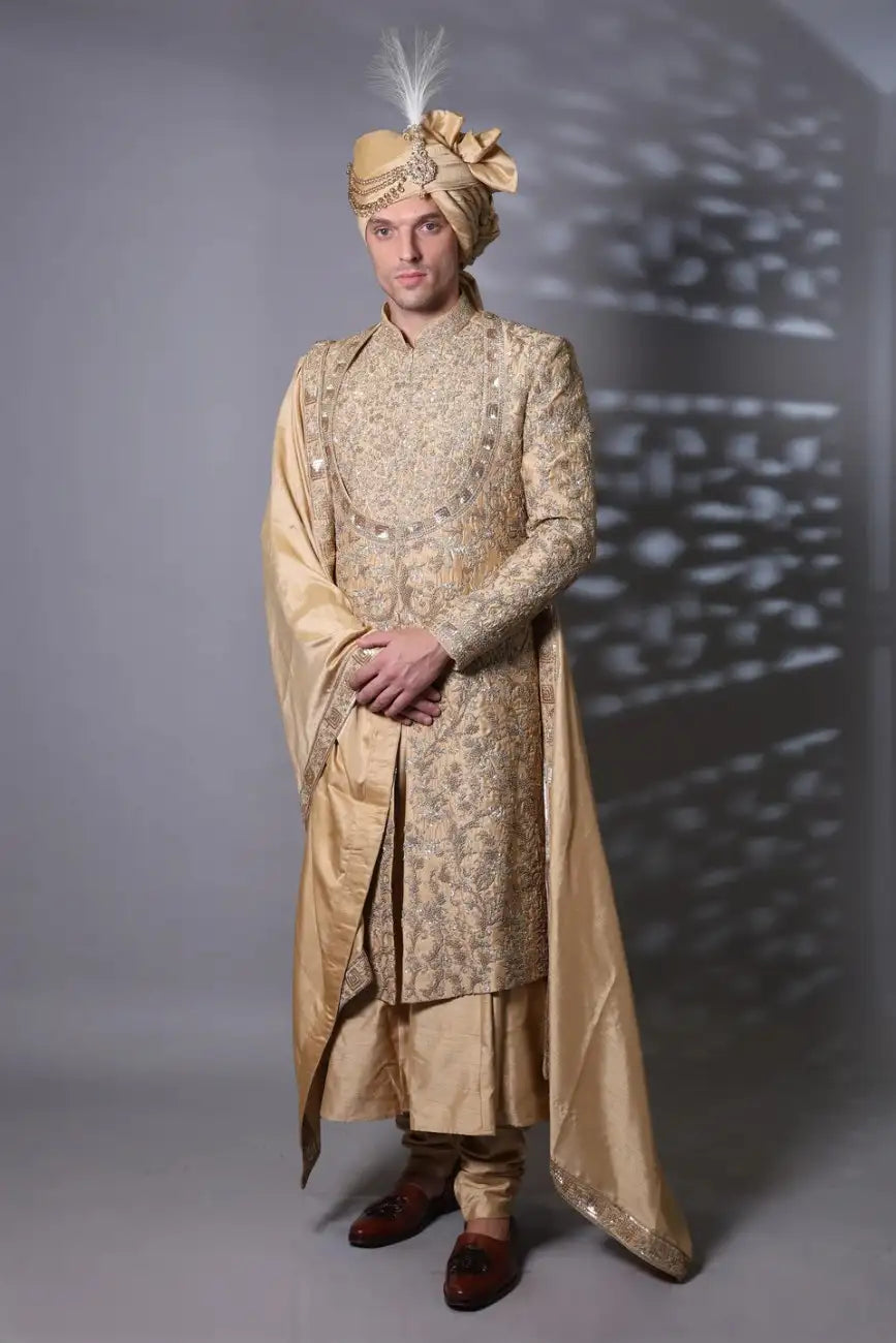 Golden Sand Sherwani – Royal Embroidery & Maharaja Illusion Neckline