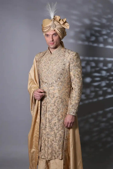 Golden Sand Sherwani – Royal Embroidery & Maharaja Illusion Neckline